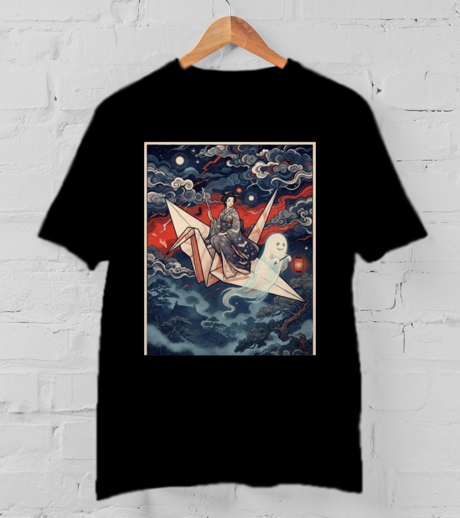 Witch And Ghost Halloween 2026 Japanese Origami Lantern Night Sky T-Shirt