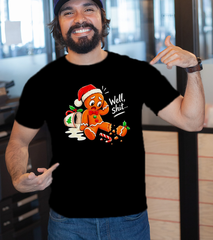 Well Shit Gingerbread Man Christmas Broken Cookie Candy Cane Hat T-Shirt