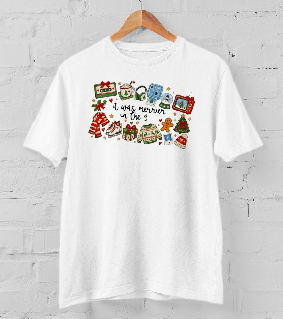 It Was Merrier In The 90s Christmas Nostalgia Cassette Hot Cocoa Skates Gingerbread Instant Camera T-Shirt