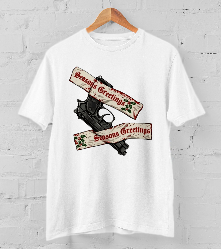 Seasons Greetings Handgun Holiday Pistol Merry Christmas T-Shirt