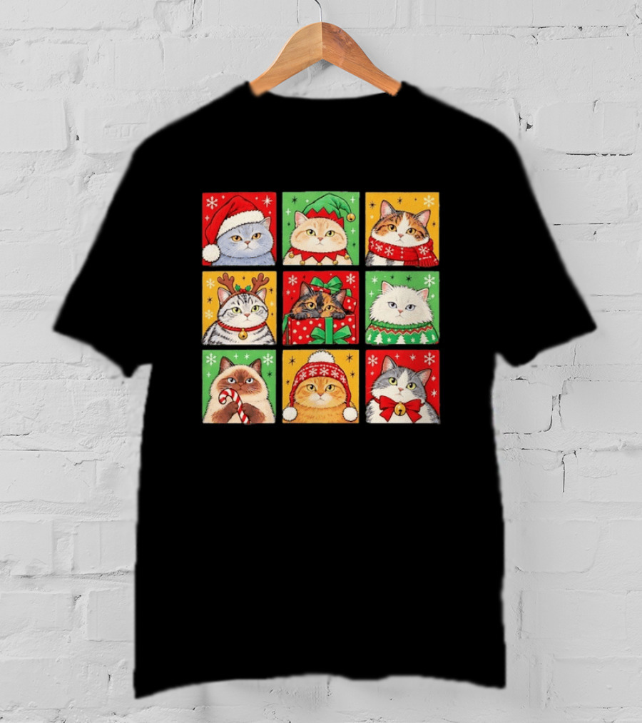 Cats In Christmas Costumes Festive Holiday Kittens Santa Hats And Gifts T-Shirt