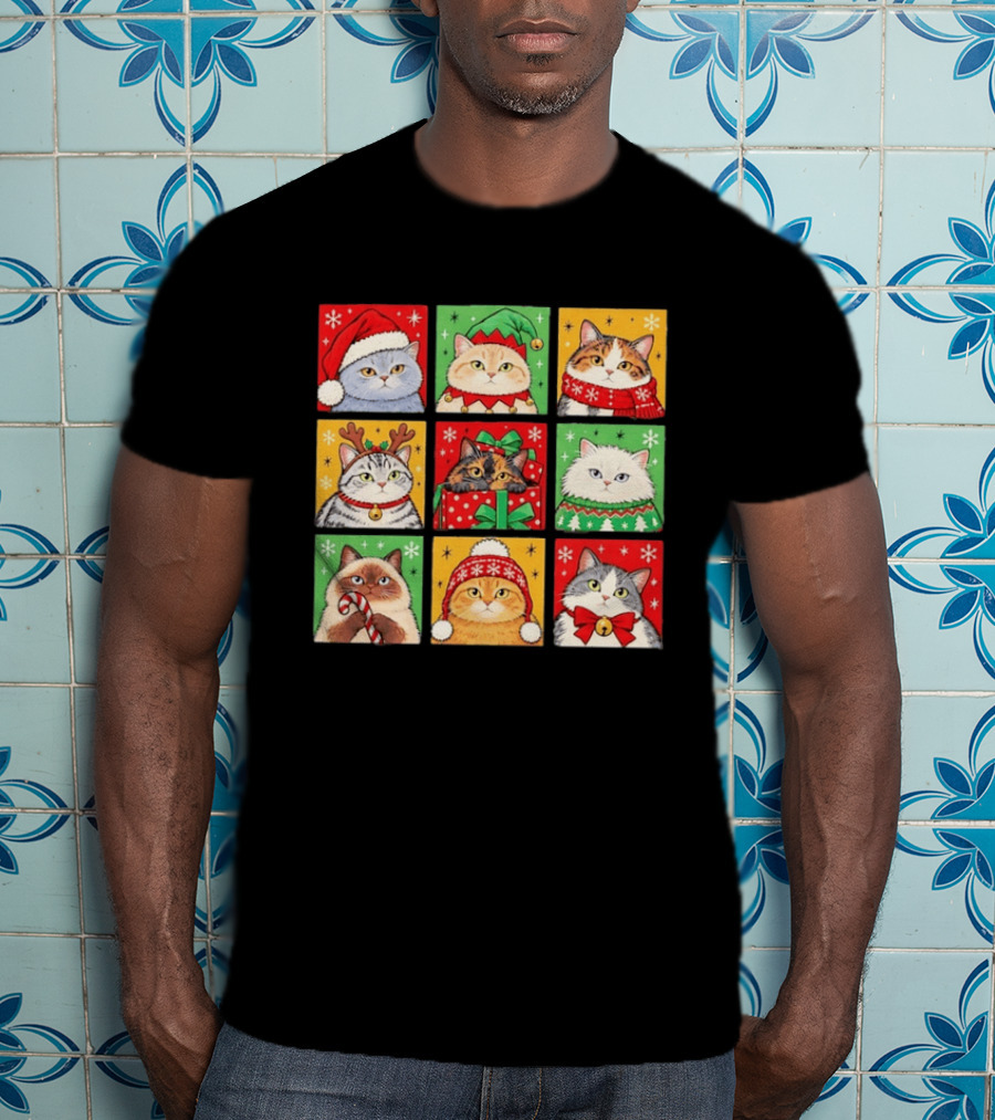 Cats In Christmas Costumes Festive Holiday Kittens Santa Hats And Gifts T-Shirt