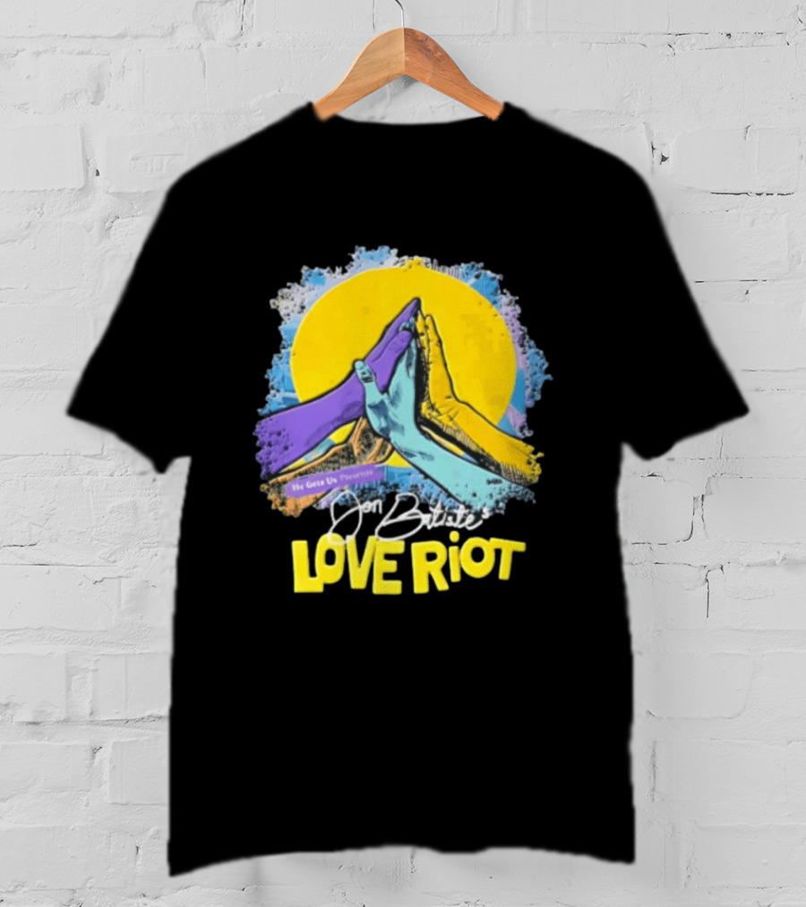 Jon Batiste He Gets Us Presents Love Riot Three Hands High Five Yellow Sun T-Shirt