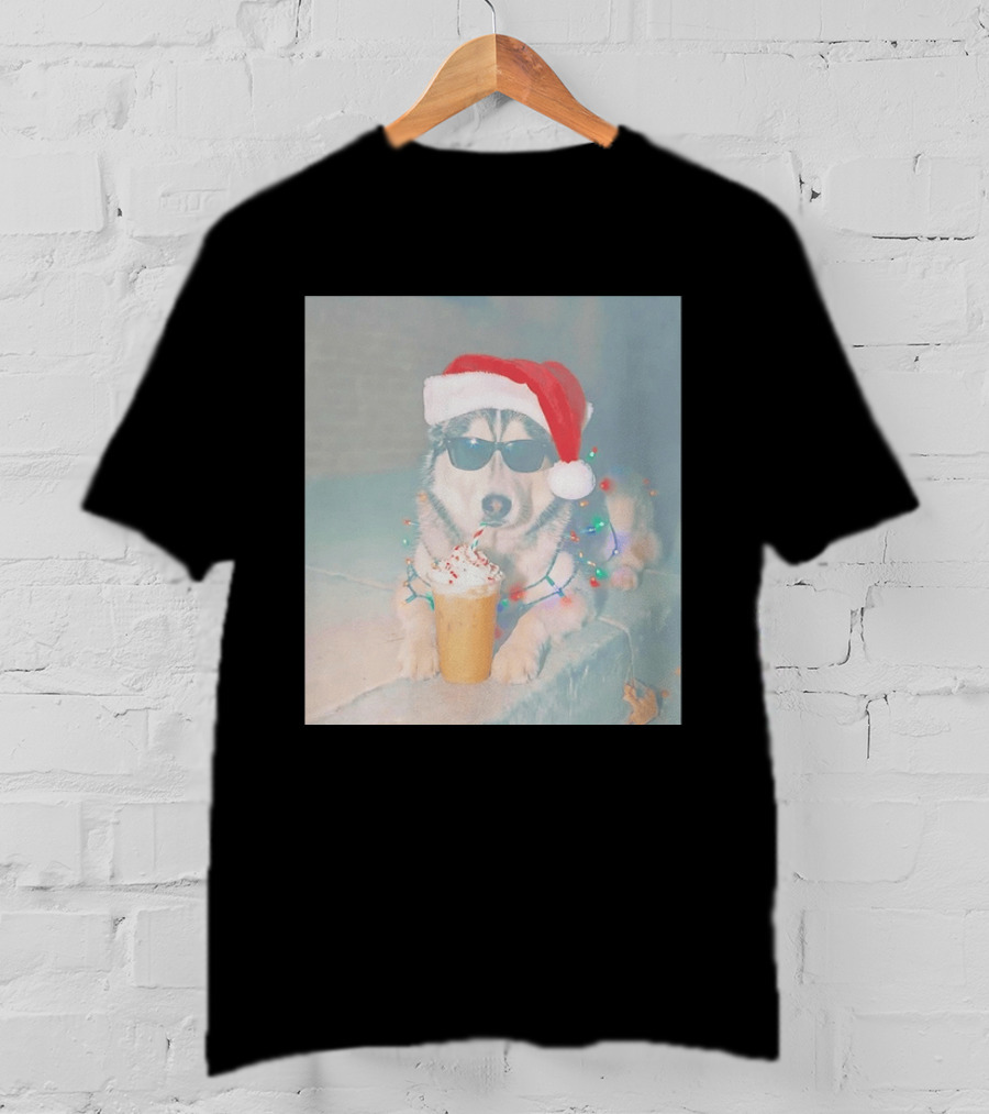 Husky Dog Santa Hat Sunglasses Christmas Lights And Holiday Drink T-Shirt