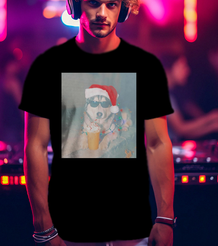 Husky Dog Santa Hat Sunglasses Christmas Lights And Holiday Drink T-Shirt