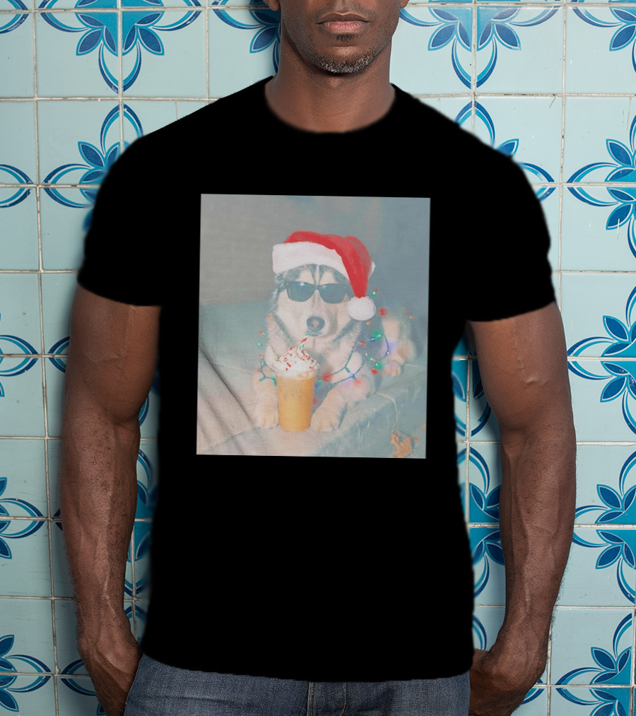 Husky Dog Santa Hat Sunglasses Christmas Lights And Holiday Drink T-Shirt