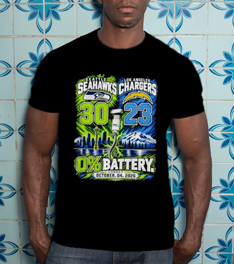 Seattle Seahawks Vs Los Angeles Chargers 30 23 Game 0% Battery October 4 2026 T-Shirt