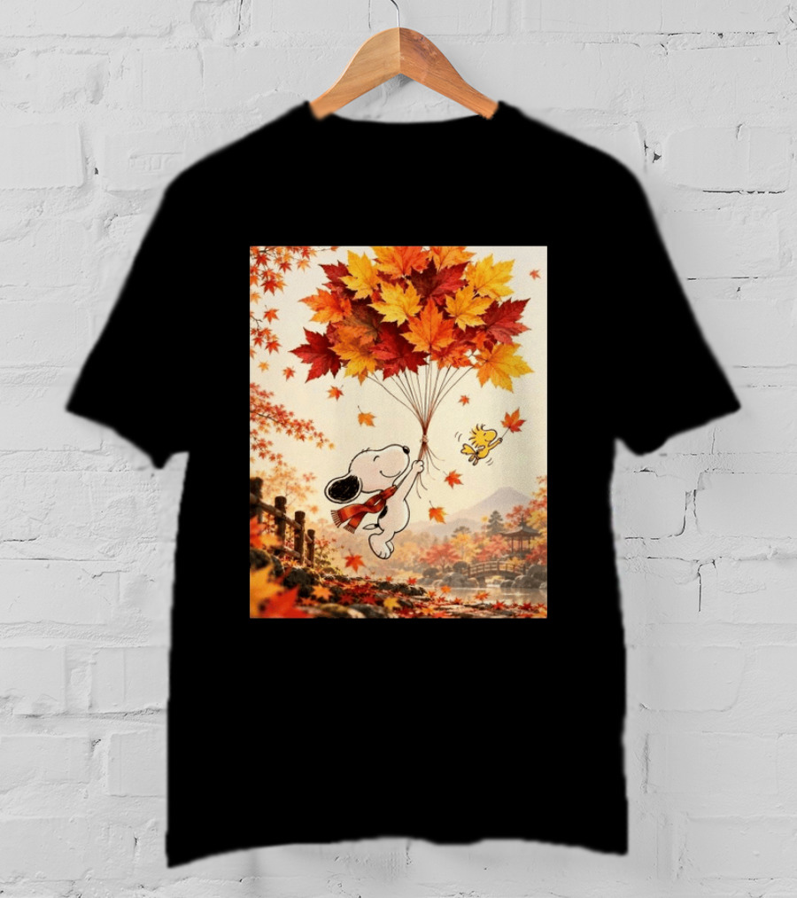 Snoopy And Woodstock Autumn Leaves Floating Scene With Tree And Bridge T-Shirt