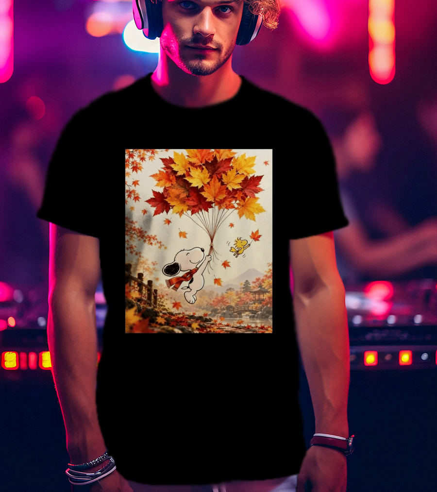 Snoopy And Woodstock Autumn Leaves Floating Scene With Tree And Bridge T-Shirt