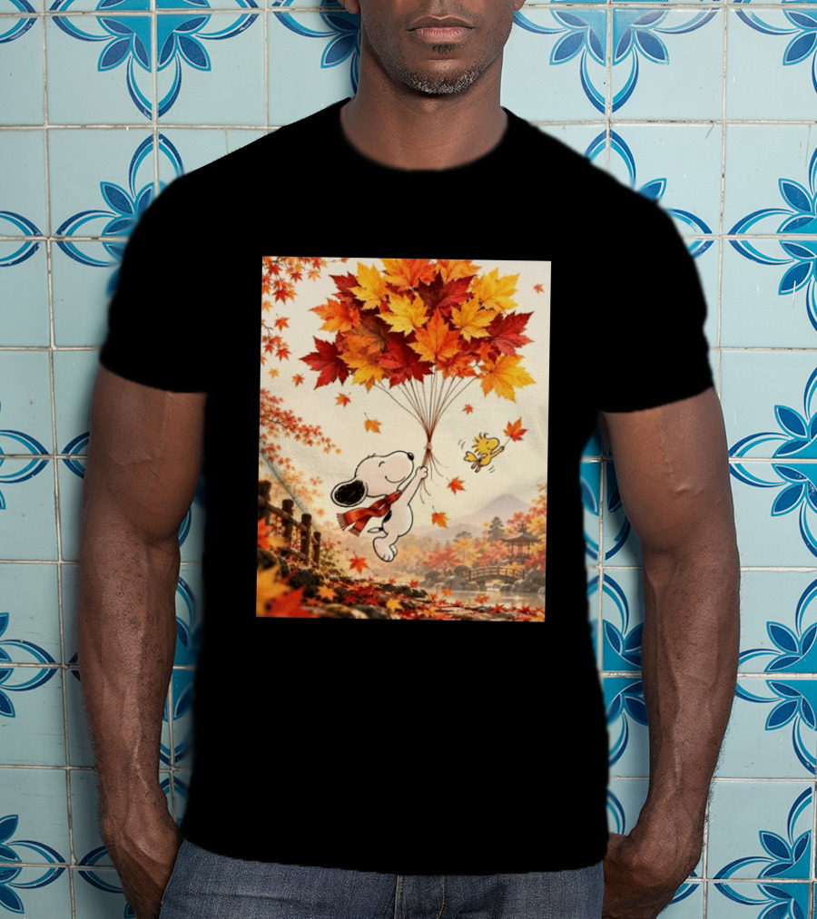 Snoopy And Woodstock Autumn Leaves Floating Scene With Tree And Bridge T-Shirt