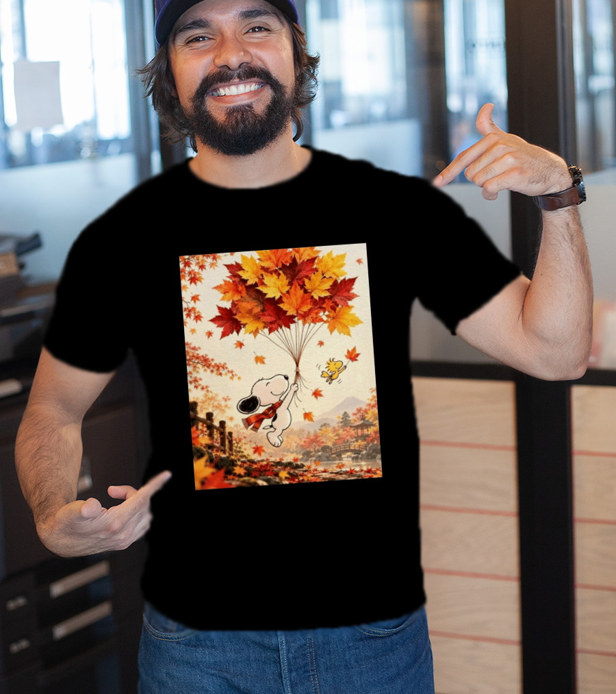 Snoopy And Woodstock Autumn Leaves Floating Scene With Tree And Bridge T-Shirt