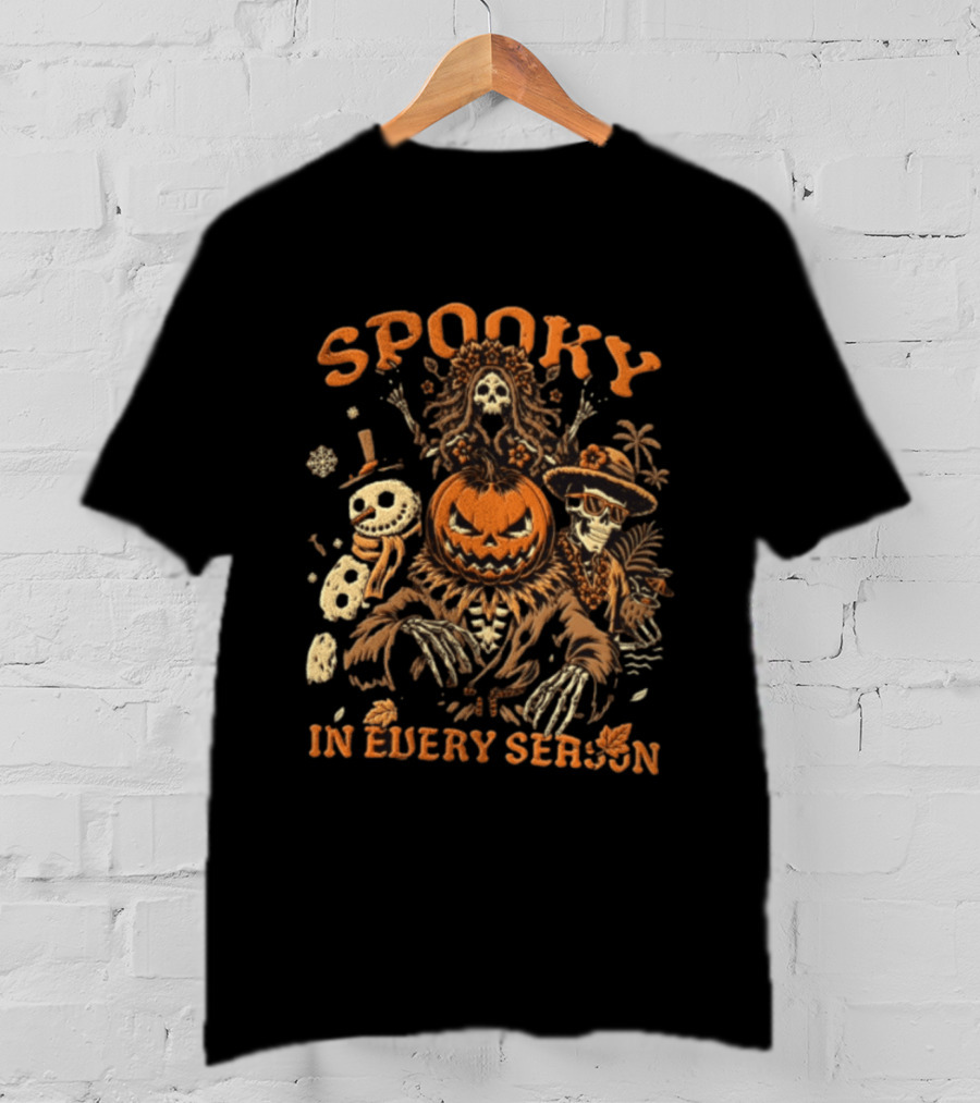 Spooky Pumpkin Head Scarecrow Skeleton Snowman In Every Season T-Shirt