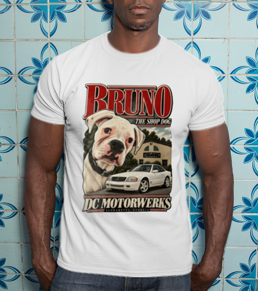 BRUNO THE SHOP DOG DC Motorwerks Alpharetta Georgia Boxer Dog White Car Building T-Shirt