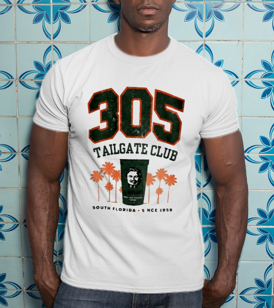 Flanigans 305 Tailgate Club South Florida Since 1959 Green Cup Palm Trees T-Shirt