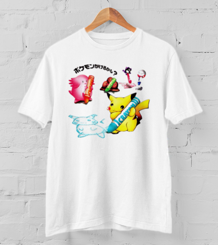 Pikachu Crayon Drawing Pokémon Characters Cartoon Art Japan T-Shirt
