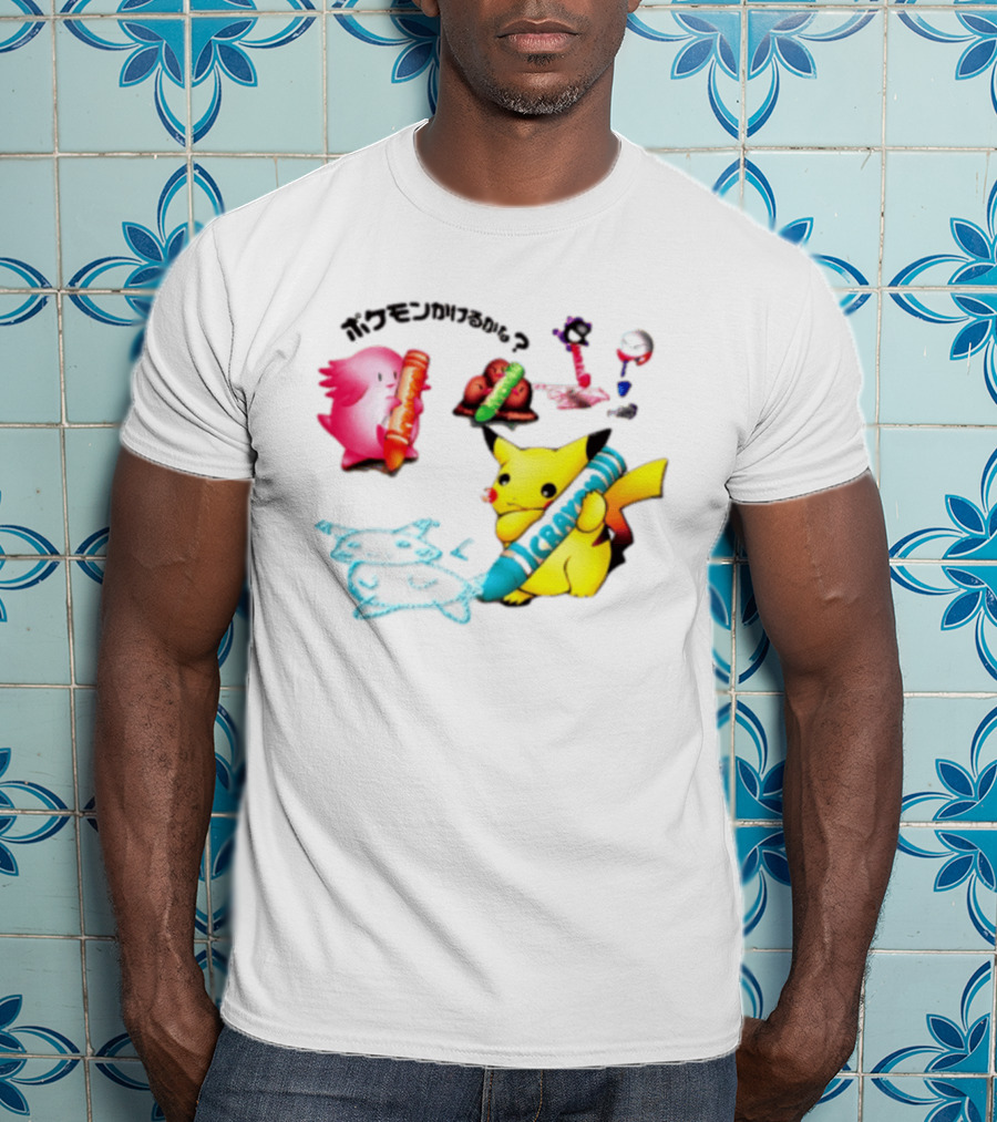 Pikachu Crayon Drawing Pokémon Characters Cartoon Art Japan T-Shirt