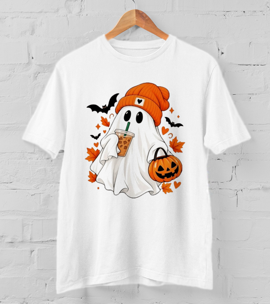 Ghost In Orange Beanie Holding Iced Coffee With Pumpkin Basket And Bat T-Shirt