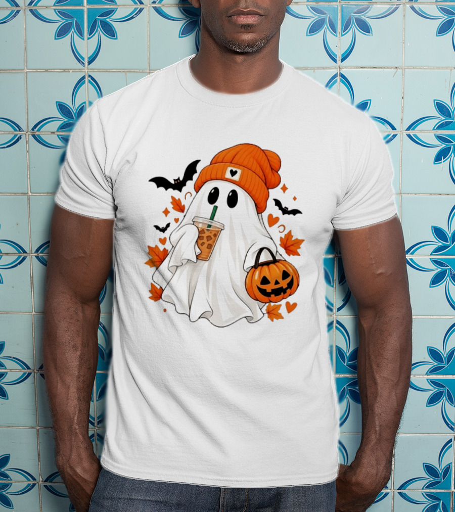 Ghost In Orange Beanie Holding Iced Coffee With Pumpkin Basket And Bat T-Shirt