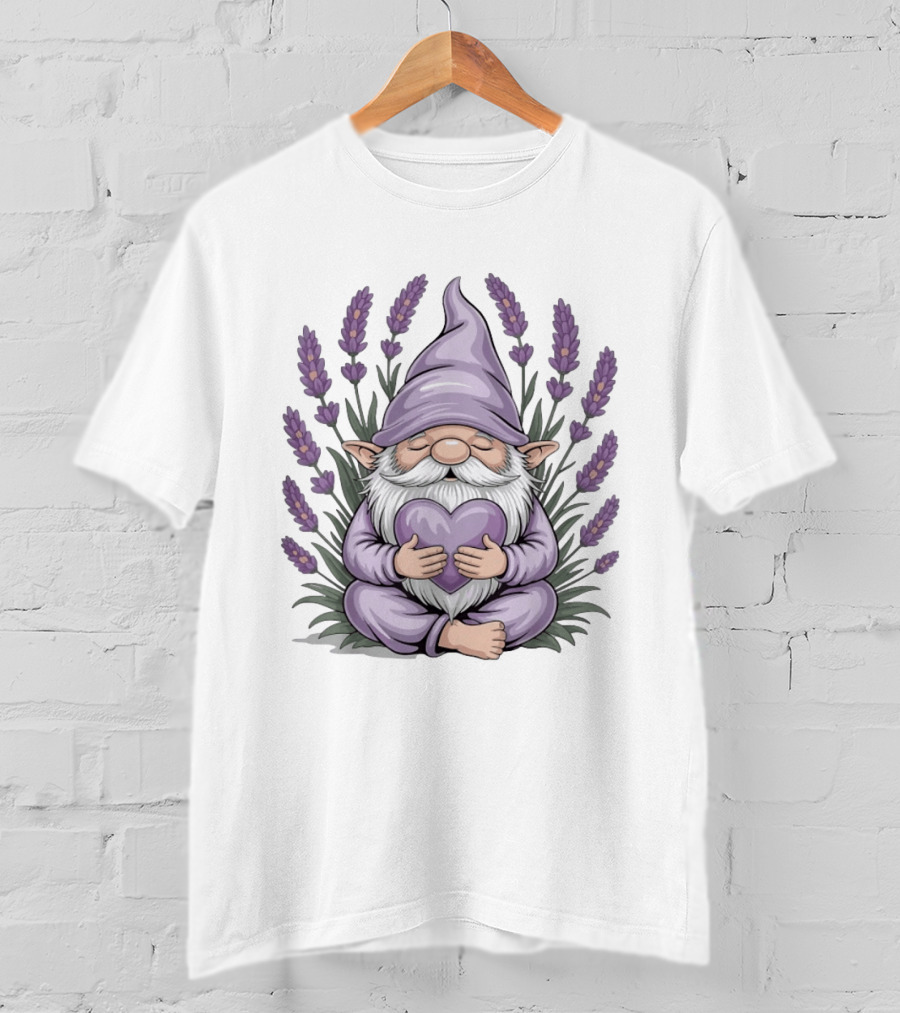 Gnome With Heart Surrounded By Lavender Flowers T-Shirt
