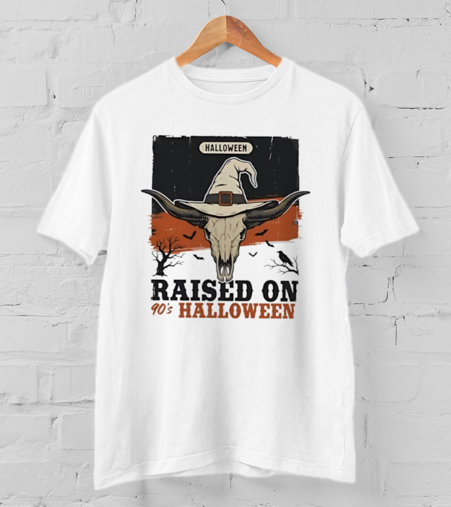 Raised On 90s Halloween Bull Skull With Witch Hat And Spooky Bats T-Shirt