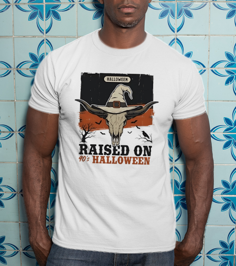 Raised On 90s Halloween Bull Skull With Witch Hat And Spooky Bats T-Shirt