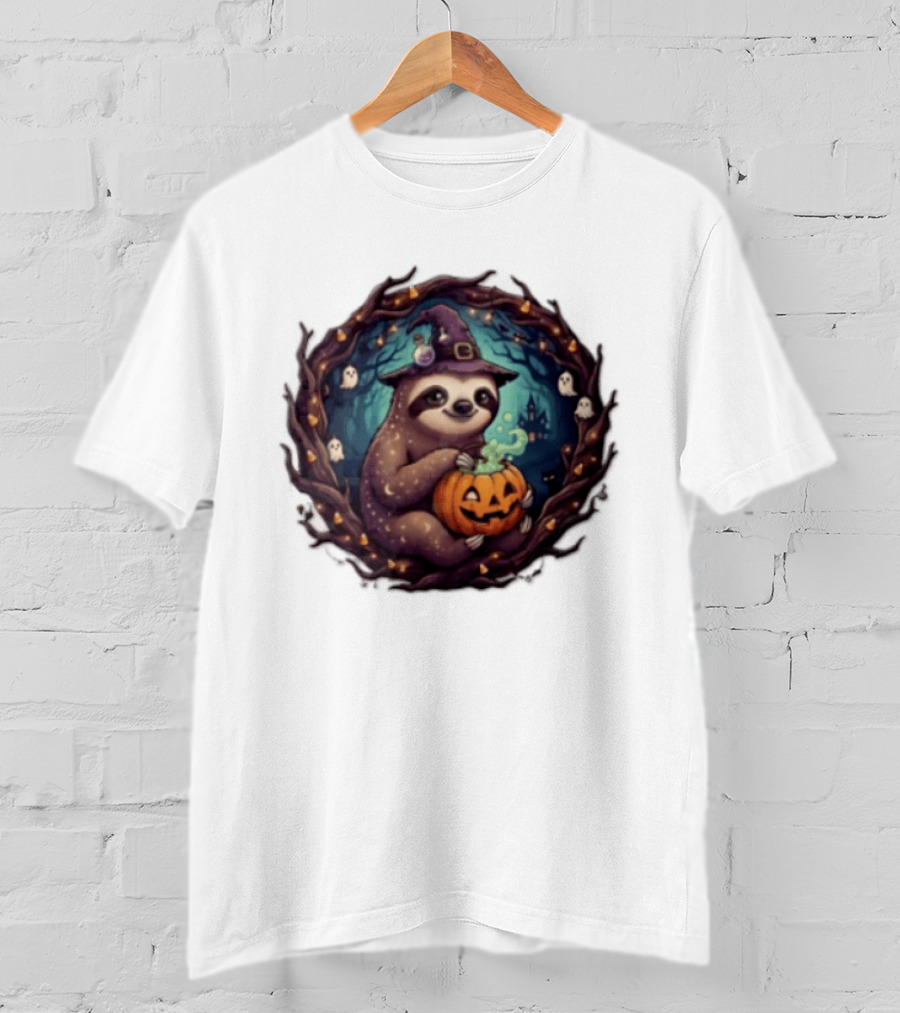 Halloween Sloth Witch Hat Pumpkin Cauldron Spooky Ghosts Forest Scene T-Shirt
