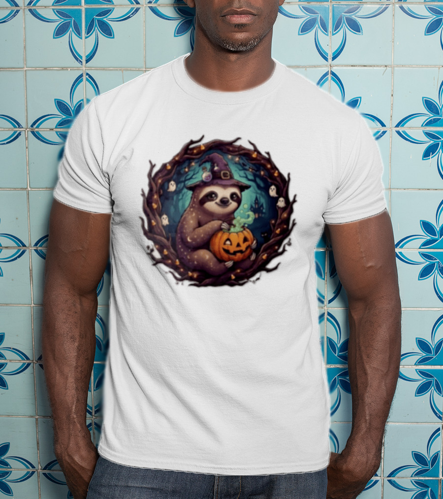 Halloween Sloth Witch Hat Pumpkin Cauldron Spooky Ghosts Forest Scene T-Shirt