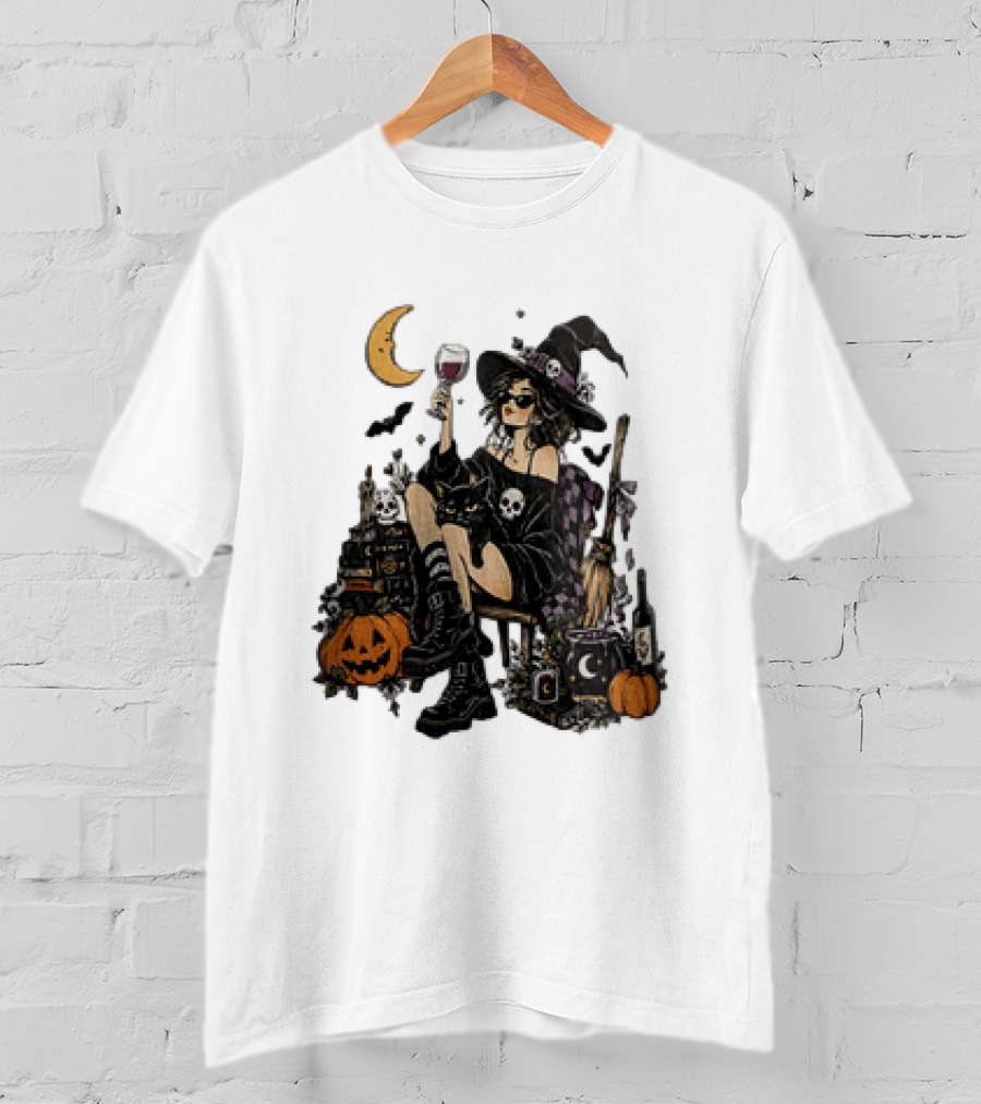 Halloween Witch Hat Sunglasses Wine Glass Black Cat Pumpkin Moon Skull Books T-Shirt