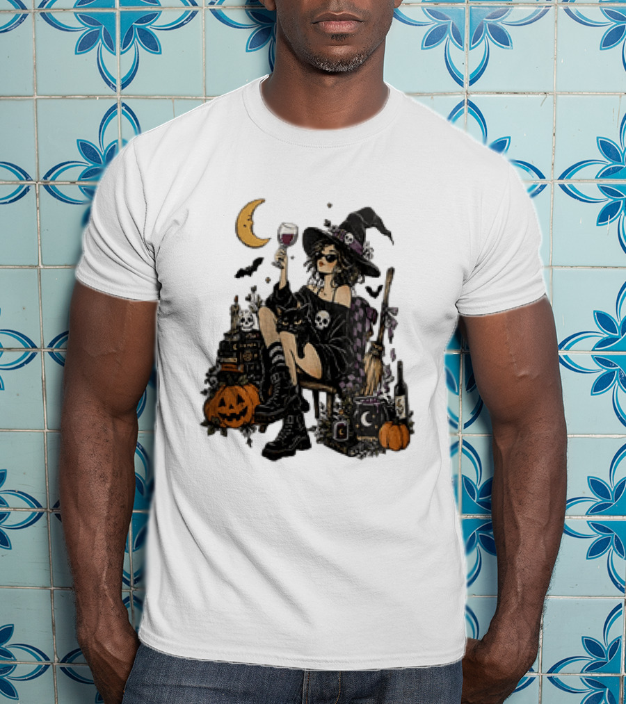 Halloween Witch Hat Sunglasses Wine Glass Black Cat Pumpkin Moon Skull Books T-Shirt