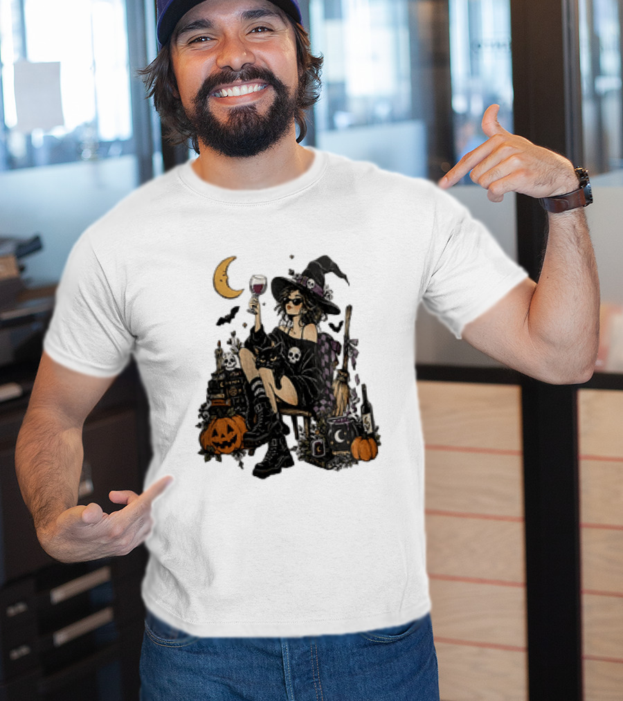 Halloween Witch Hat Sunglasses Wine Glass Black Cat Pumpkin Moon Skull Books T-Shirt