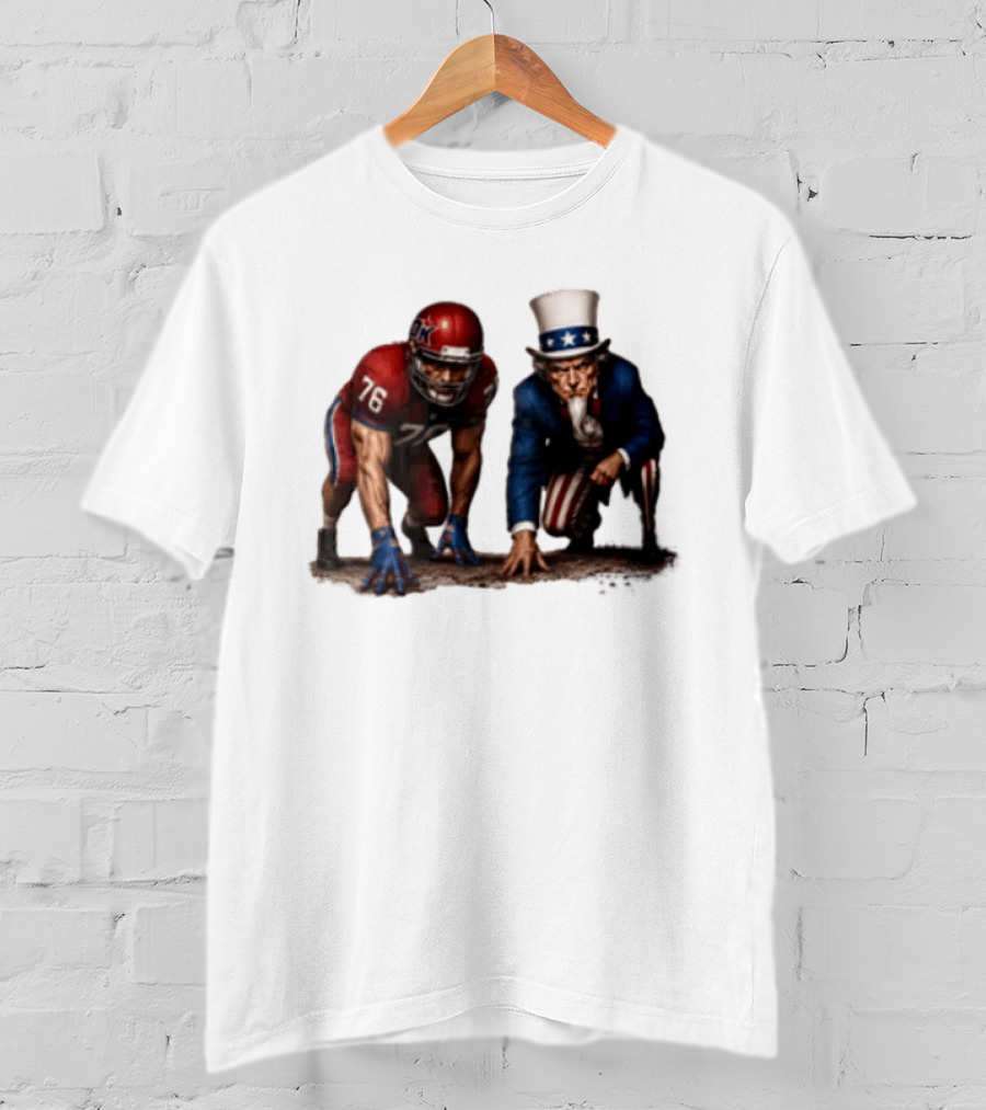 Uncle Sam And American Football Player Number 76 Crouching On Field T-Shirt