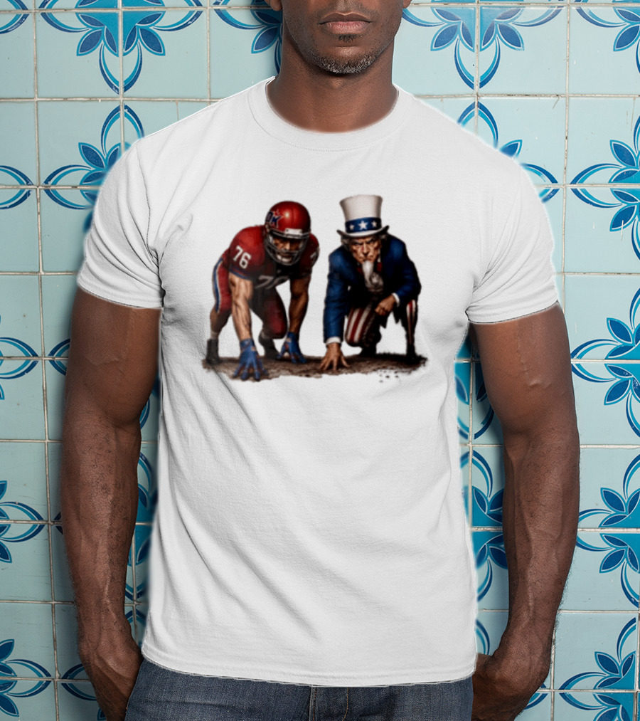 Uncle Sam And American Football Player Number 76 Crouching On Field T-Shirt