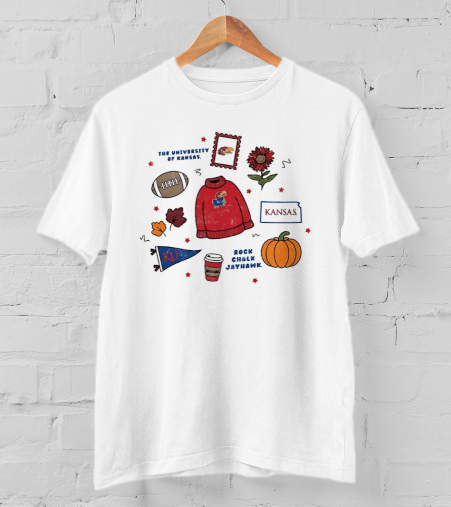 University Of Kansas Rock Chalk Jayhawk Football Fall Leaves Pumpkin KU Flag T-Shirt