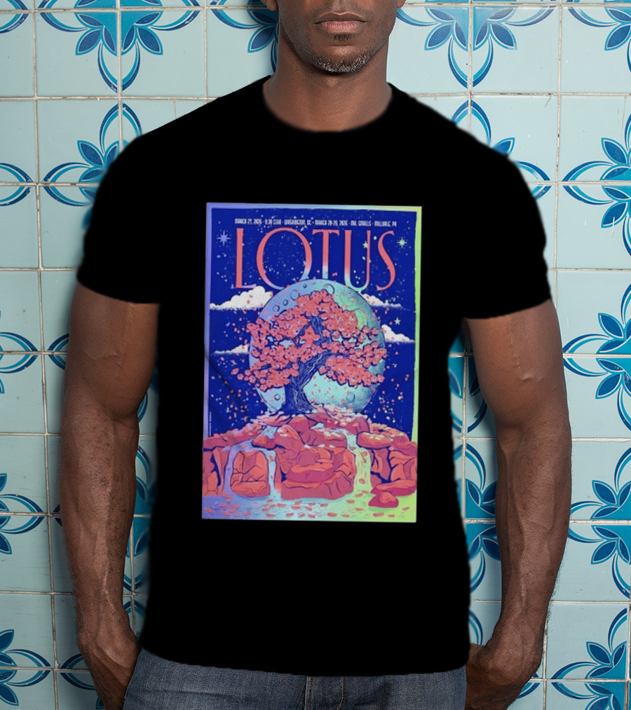 Lotus 2026 Tour By Benjamin Rumble March Tour Dates Illustration Cherry Blossom Moon T-Shirt