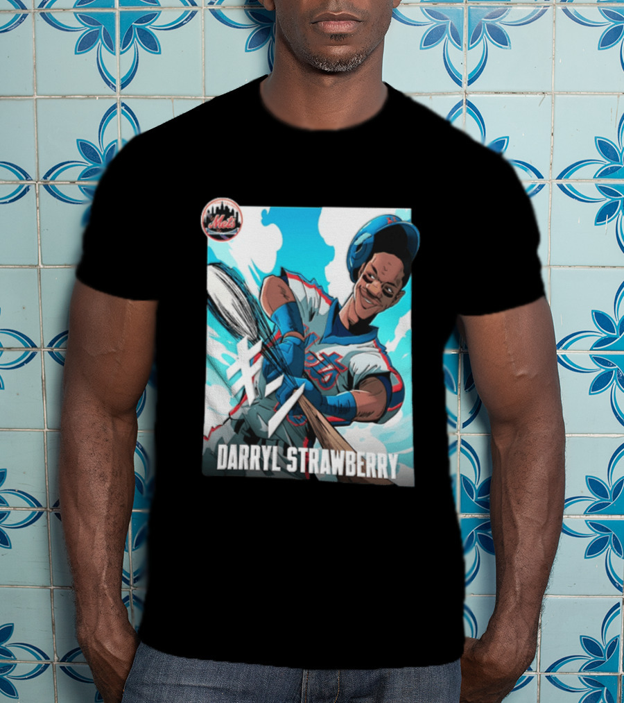 Darryl Strawberry New York Mets MLB Baseball Player Swinging Bat Cartoon T-Shirt