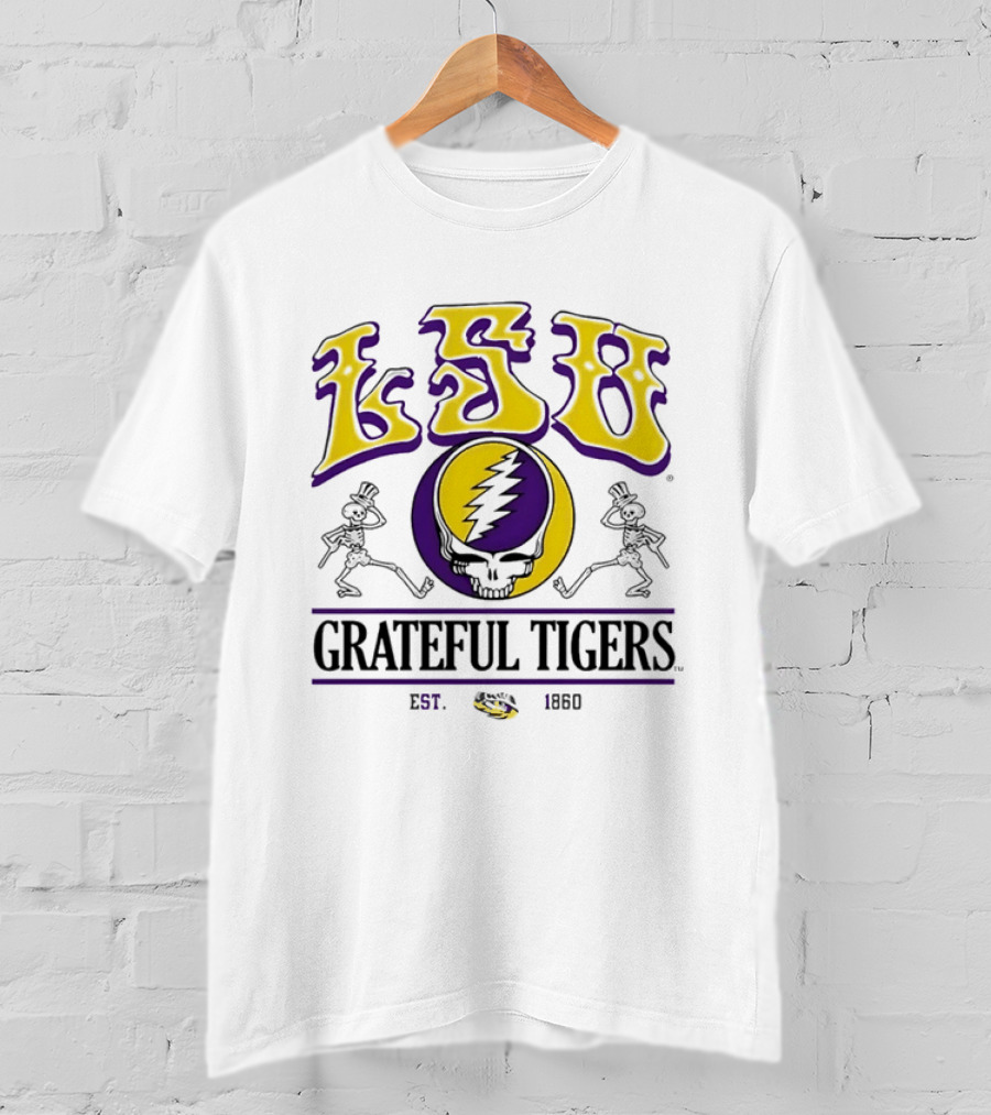 LSU Grateful Tigers Est 1860 Steal Your Face Lightning Skull Skeletons T-Shirt