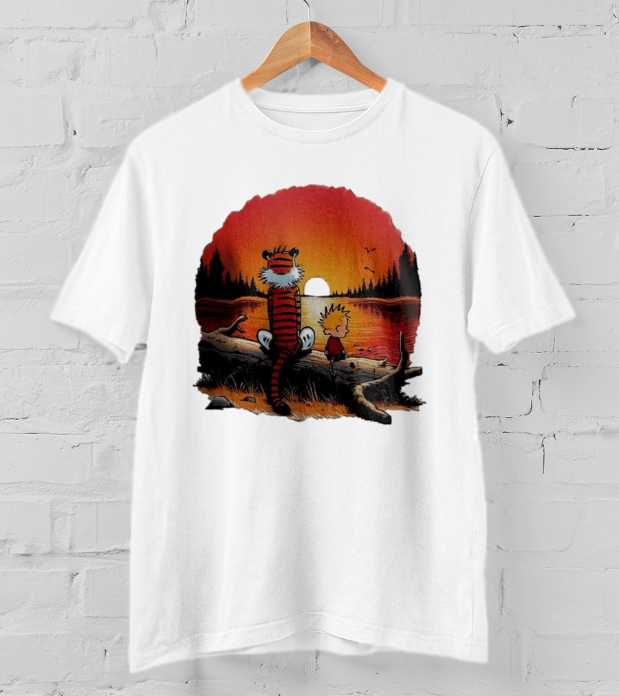 Calvin And Hobbes Log Sunset Lake Scene T-Shirt