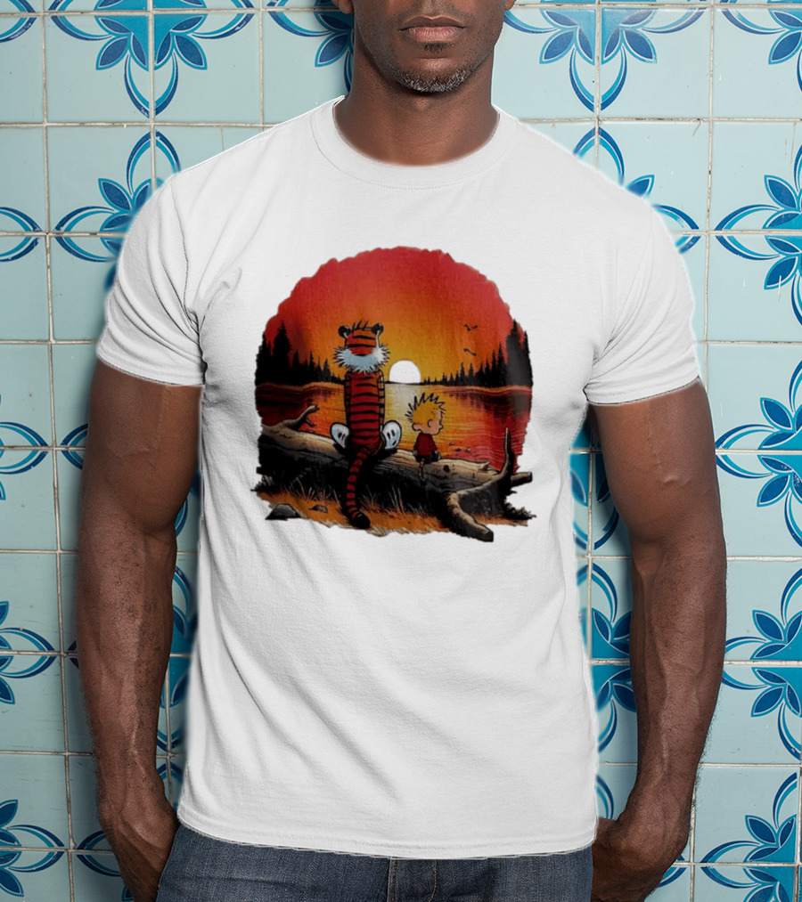 Calvin And Hobbes Log Sunset Lake Scene T-Shirt