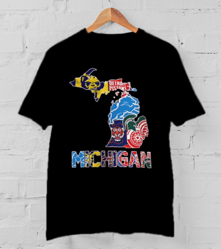 Detroit Pistons Lions Tigers Red Wings Michigan State Spartans Michigan Map T-Shirt