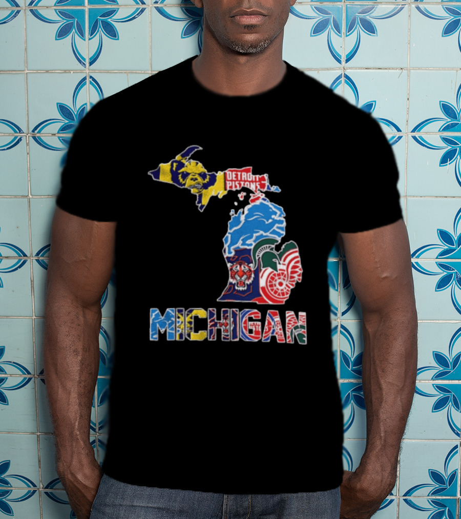 Detroit Pistons Lions Tigers Red Wings Michigan State Spartans Michigan Map T-Shirt