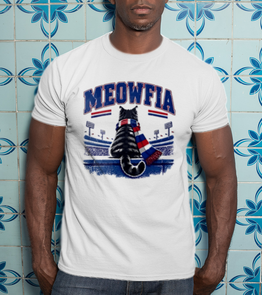 Meowfia Tabby Cat Sporting Colorful Scarf In Stadium Setting T-Shirt