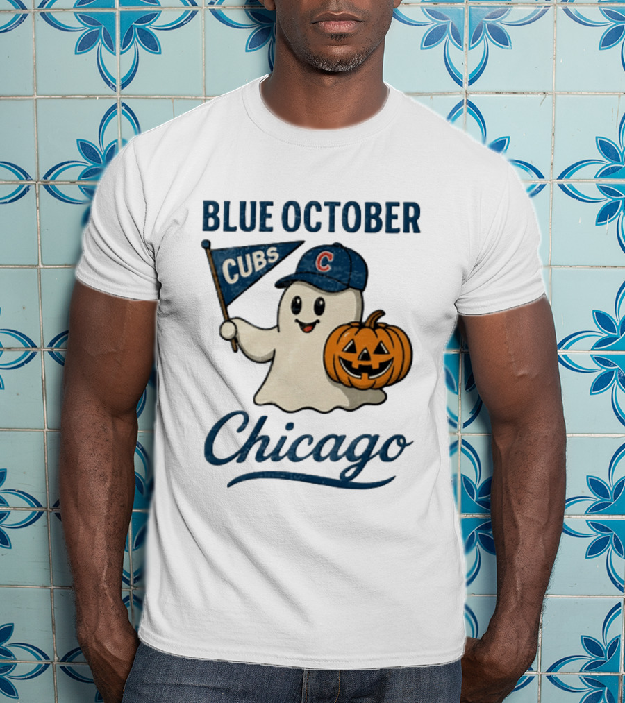 Chicago Cubs Blue October Halloween Ghost Pumpkin Baseball T-Shirt