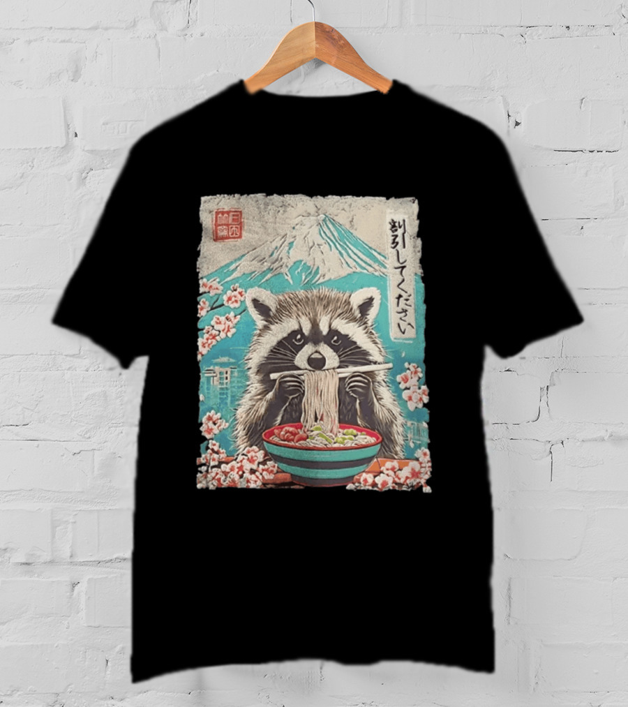 Raccoon Eating Ramen With Mount Fuji Japanese Cherry Blossoms T-Shirt