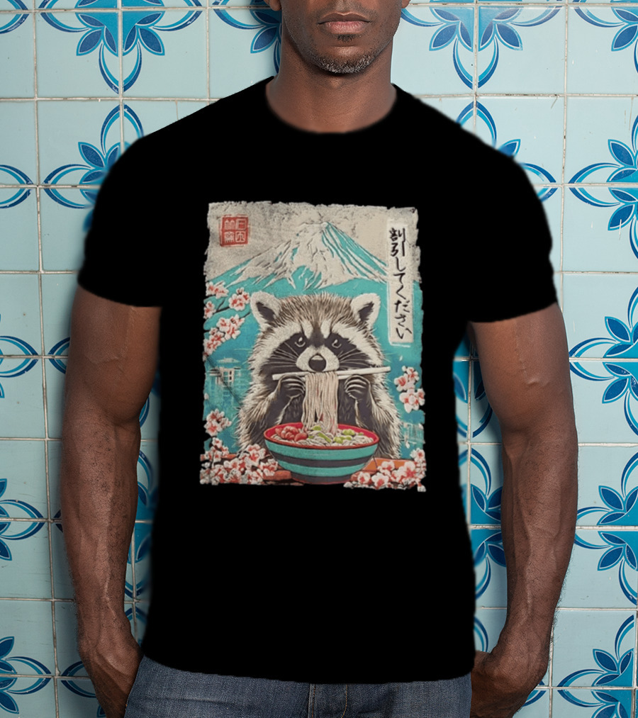 Raccoon Eating Ramen With Mount Fuji Japanese Cherry Blossoms T-Shirt