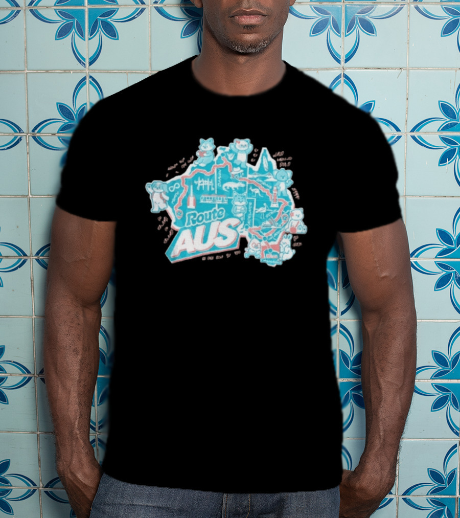 Route Aus Australia Map Animals Travel Icons Brisbane Sydney Melbourne Canberra T-Shirt