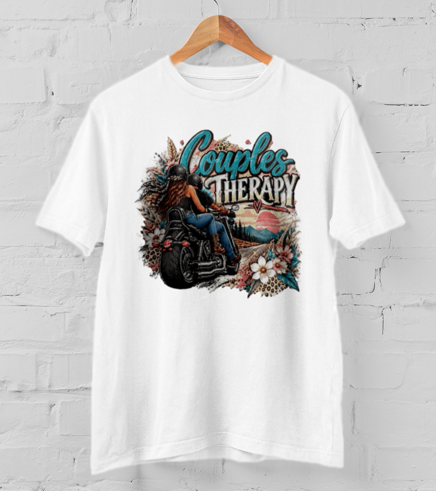Couples Therapy Motorcycle Sunset Flowers Adventure T-Shirt