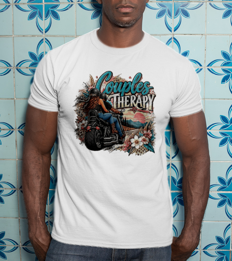 Couples Therapy Motorcycle Sunset Flowers Adventure T-Shirt