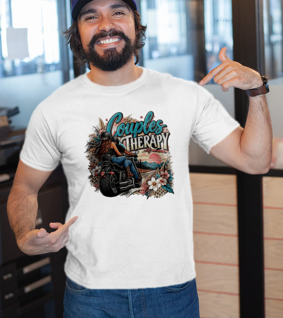 Couples Therapy Motorcycle Sunset Flowers Adventure T-Shirt