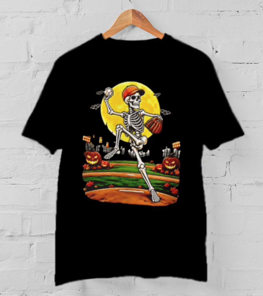 Skeleton Baseball Pitcher Halloween Full Moon Pumpkin Graveyard Scene T-Shirt