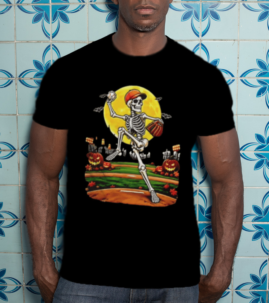 Skeleton Baseball Pitcher Halloween Full Moon Pumpkin Graveyard Scene T-Shirt